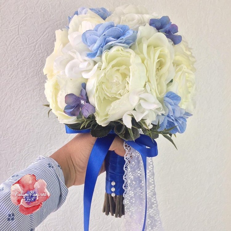 ⭐✓ Ramo de novia artificial peonias blancas y hortensias azules -
